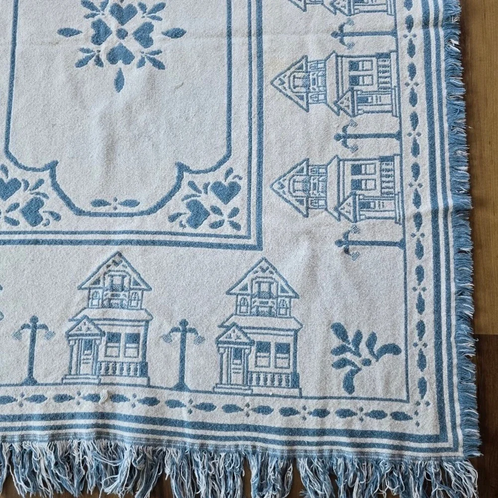 Vtg 80s/90s Blue Victorian House Woven Throw Blanket Hearts Country Cottagecore‎